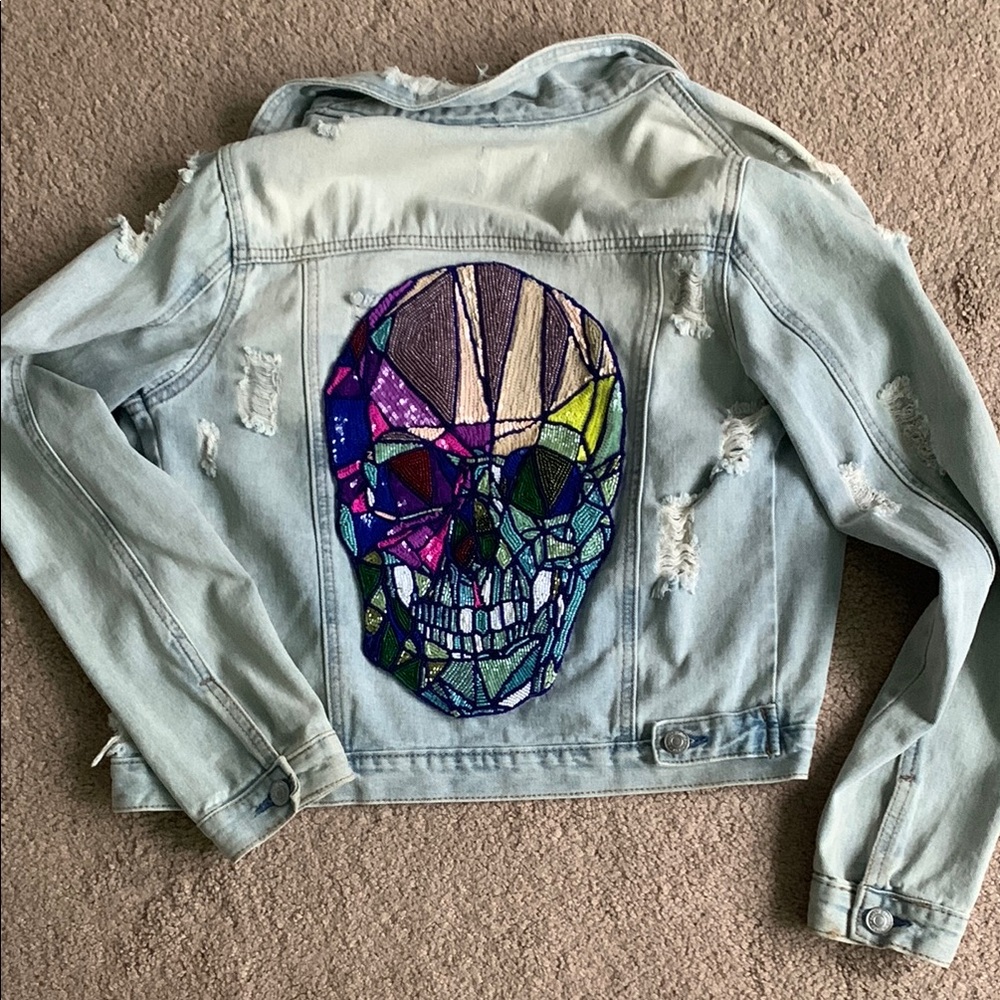 Denim Jacket With Beaded Skull Patch - image 1